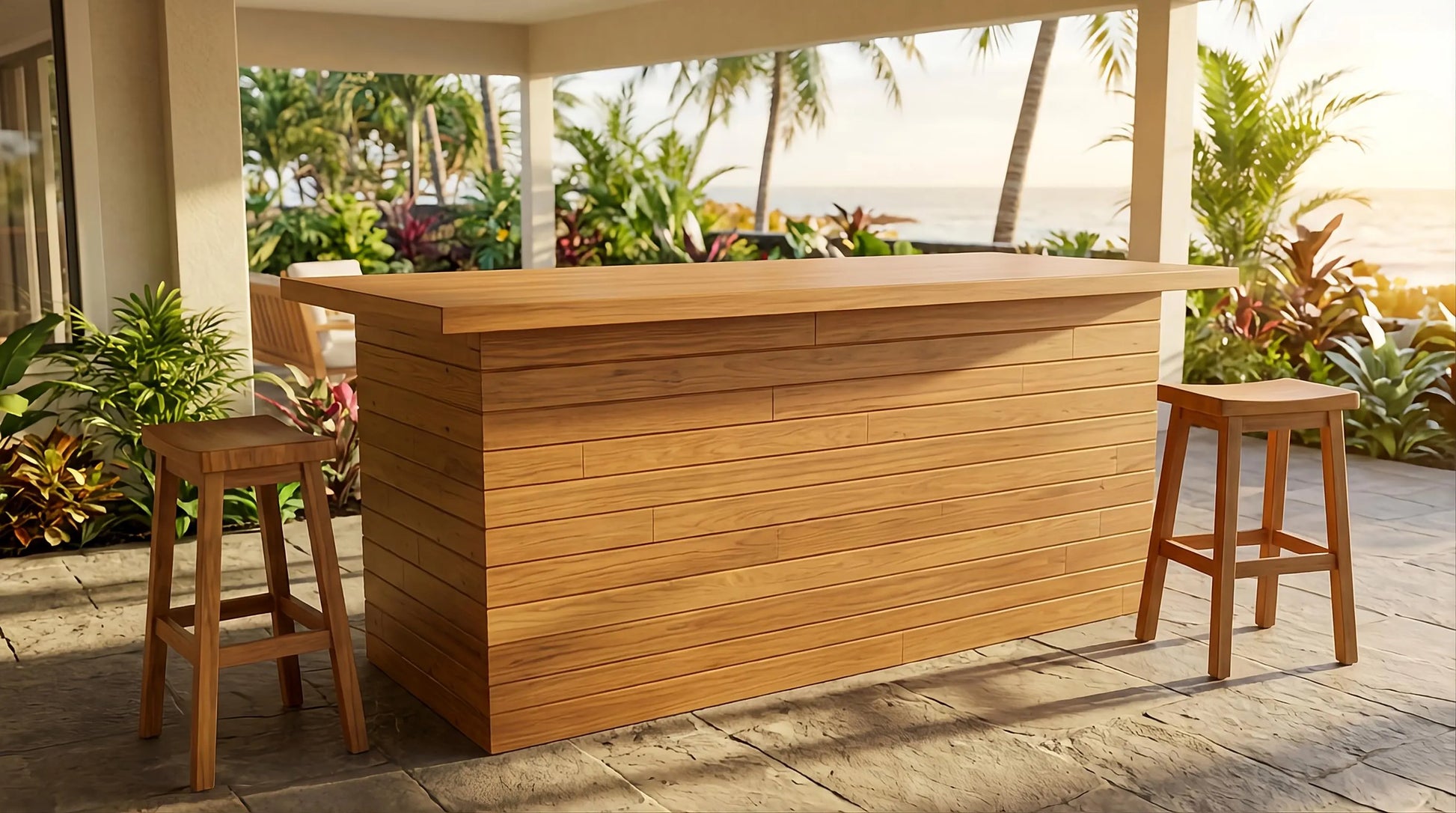 A custom made wooden outdoor bar with two matching wooden bar stools, set on a patio under a covered porch with a tropical ocean and palm tree view in the background.