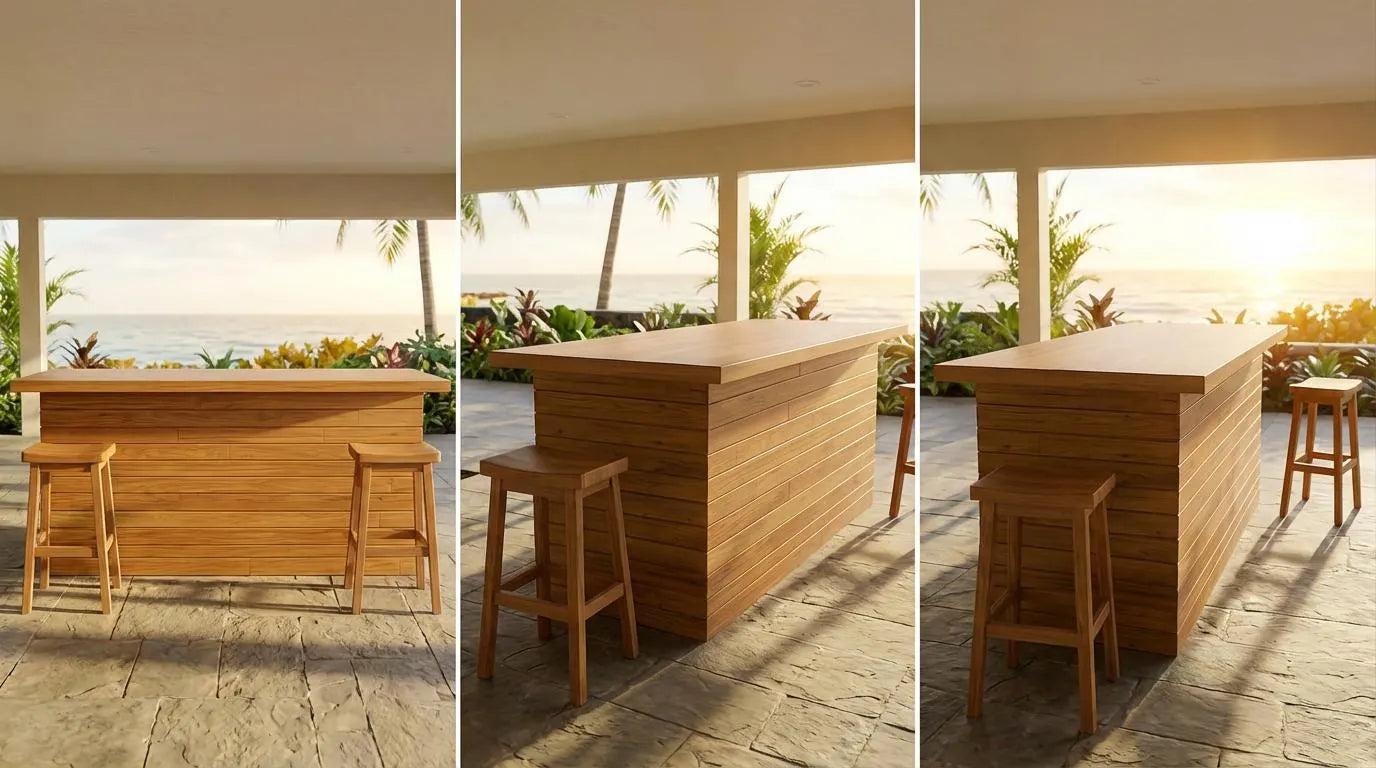 A handmade barn wood outdoor bar  with two matching bar stools, shown in three views on a patio with ocean and palm trees in the background.