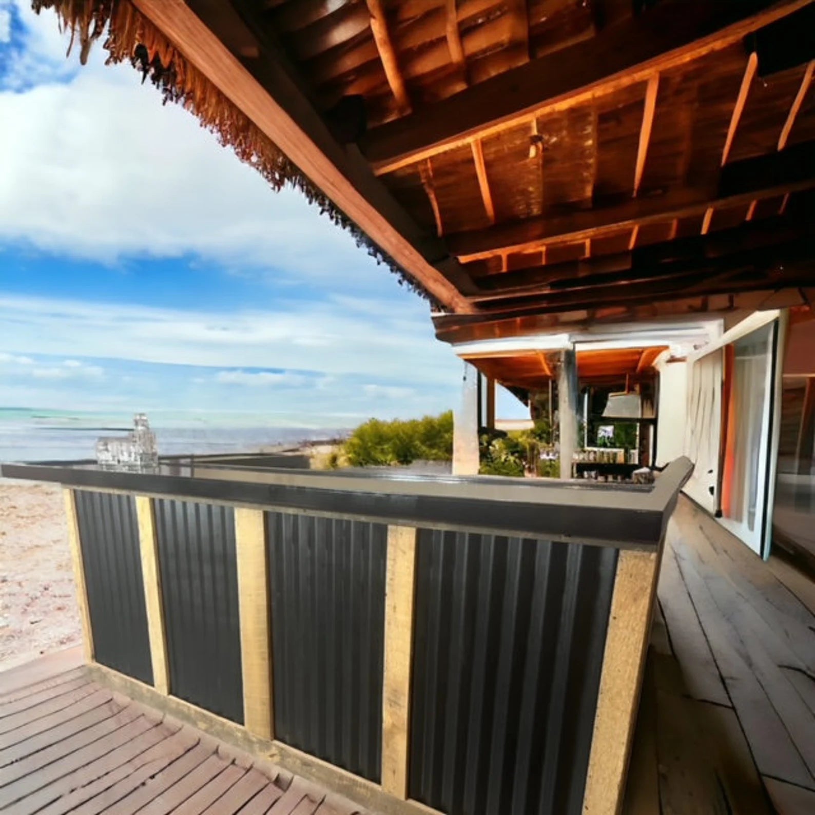 Beachside bar with wooden deck and ocean view