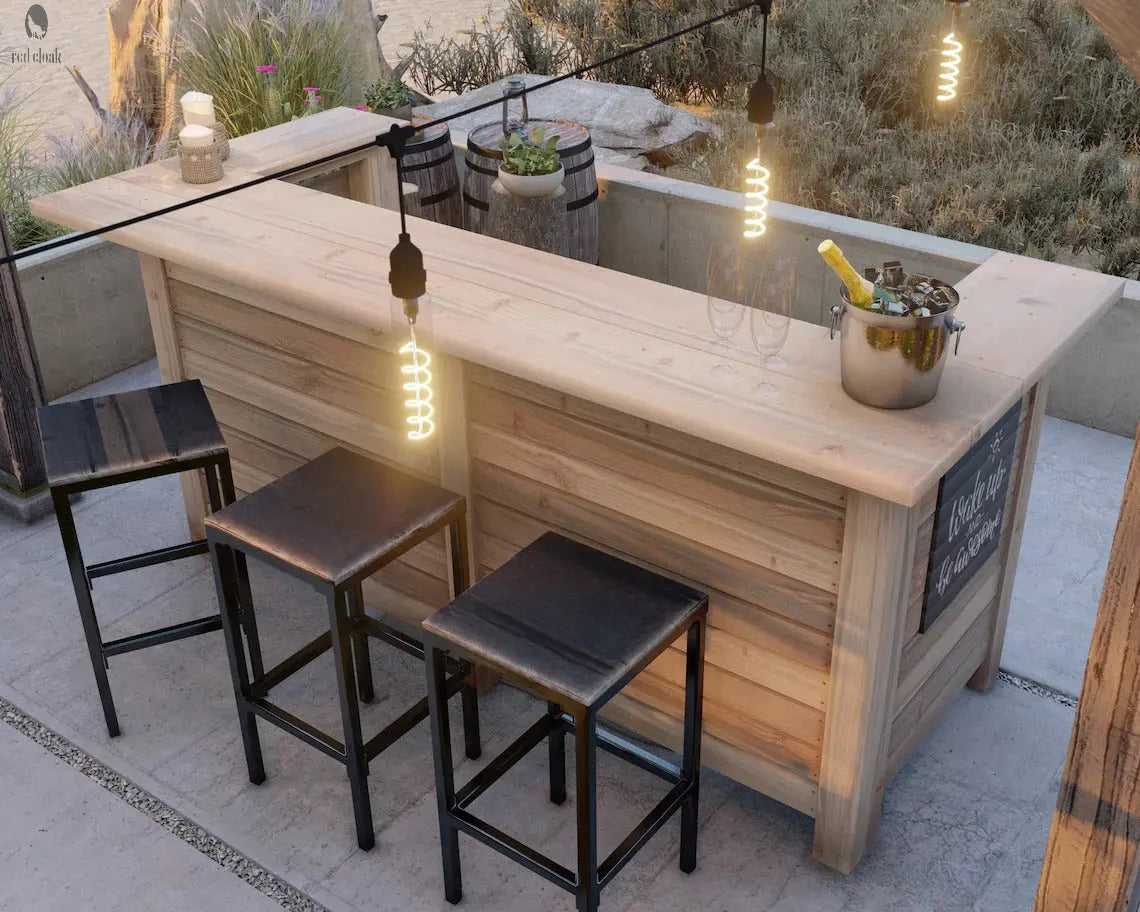 Custom outdoor patio bar with hanging lights and champagne setup, designed by Red Cloak for entertaining outside