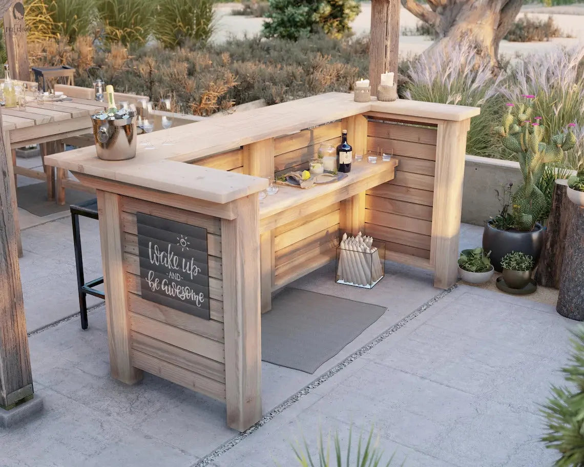 Outdoor Baby Squatch bar with “Wake Up and Be Awesome” sign and natural wood finish, built for patio use