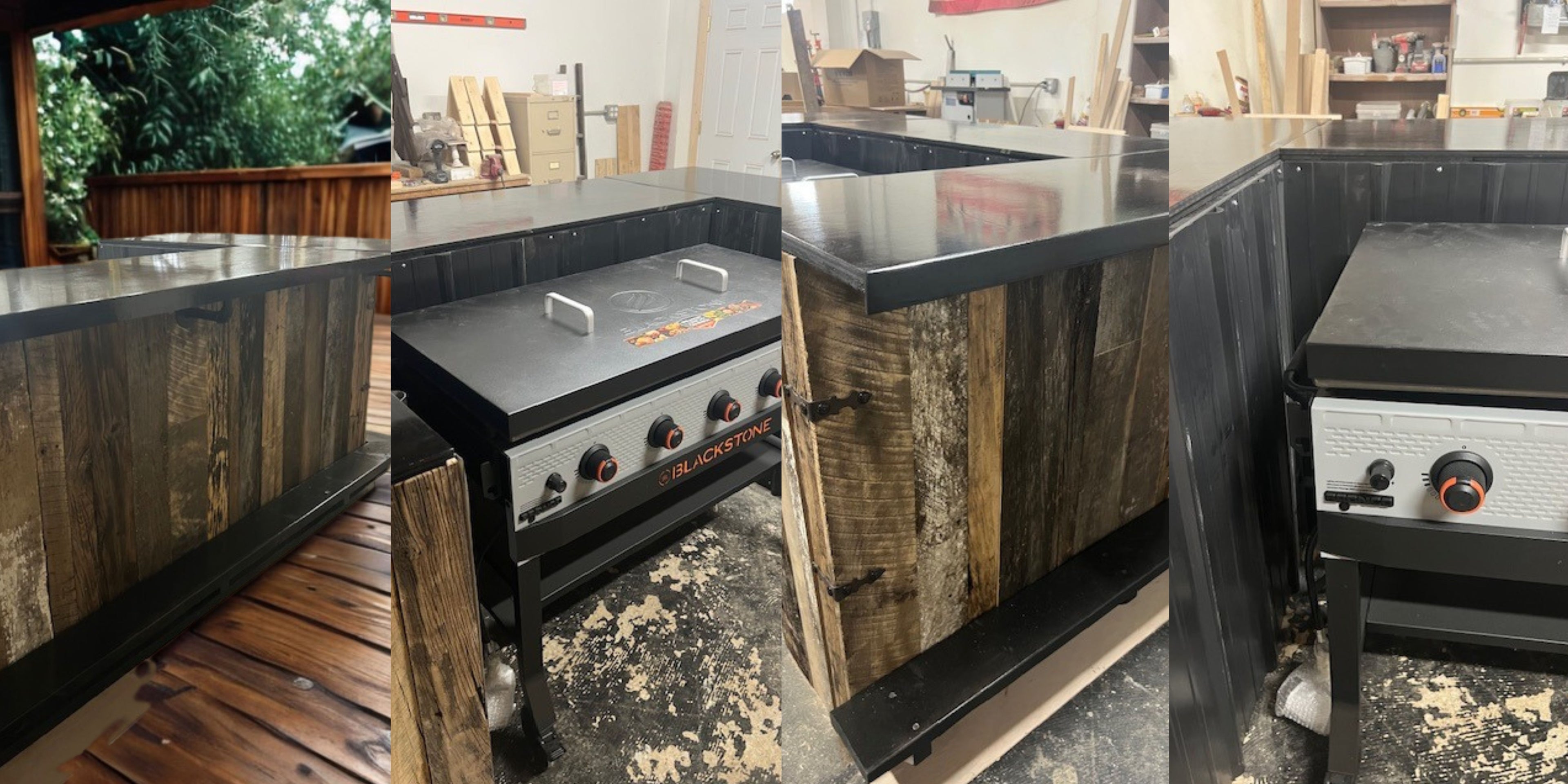 Banner image collage showing Red Cloak Home’s handmade Flat Top Grill Bar with Blackstone griddle installed, featuring outdoor and indoor views.