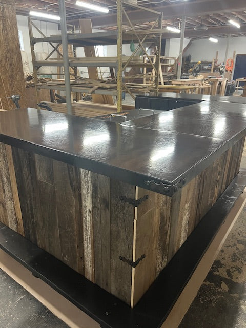 Angled top view of handmade Blackstone-ready bar by Red Cloak Home, showing heat-shielded cutout, rustic wood panels, and smooth finished surface.