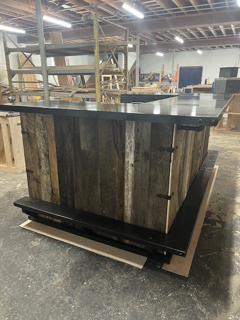 Side view of handmade wood Blackstone bar by Red Cloak Home, featuring rustic reclaimed wood and a metal heat-shielded design.