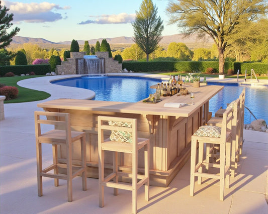 Outdoor U-shaped wood bar by Red Cloak Home near luxury poolside setting, handcrafted in the USA and perfect for backyard entertaining