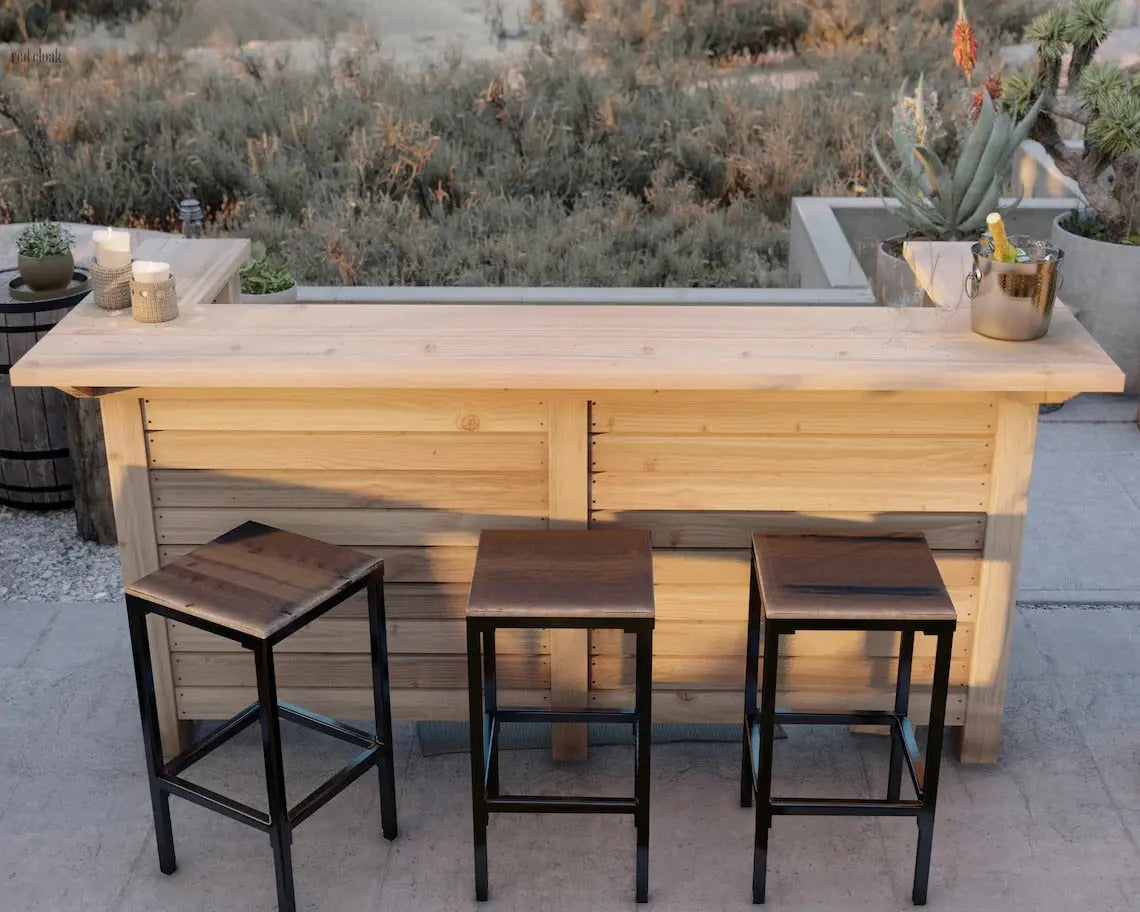 Straight-on front view of the Baby Squatch patio bar by Red Cloak Wood Designs, shown with natural finish and stools