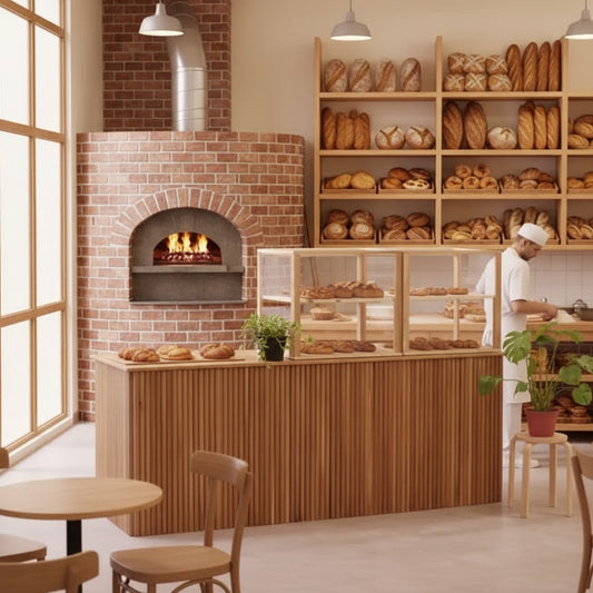 Fluted wood cash wrap counter with glass pastry display in a modern bakery beside a brick bread oven. Handmade by Red Cloak Home