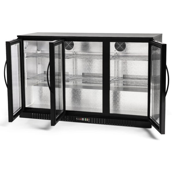 Three-door bar cooler with glass front doors and interior shelving, designed for use with U-shaped wood bars by Red Cloak Home