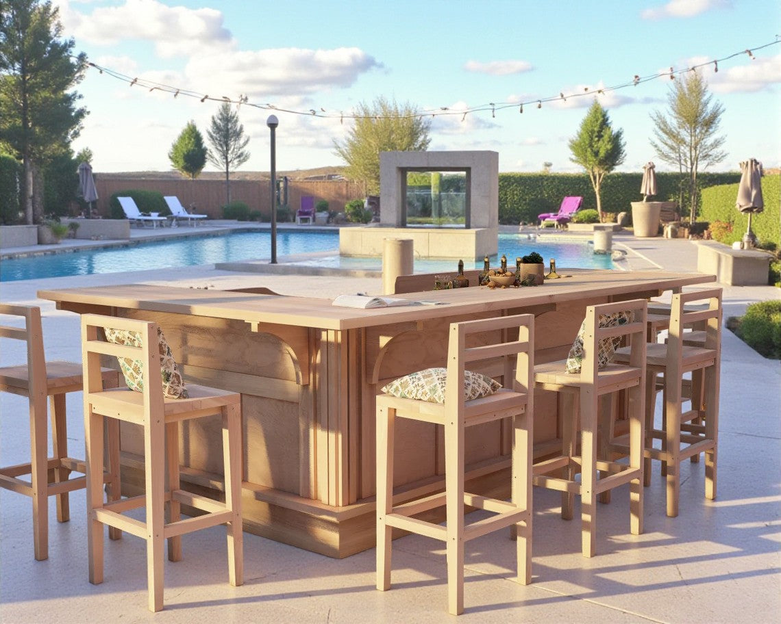 U shaped outdoor wood bar with wraparound seating beside pool, large home bar furniture setup for backyard entertaining, patio hosting and summer gatherings