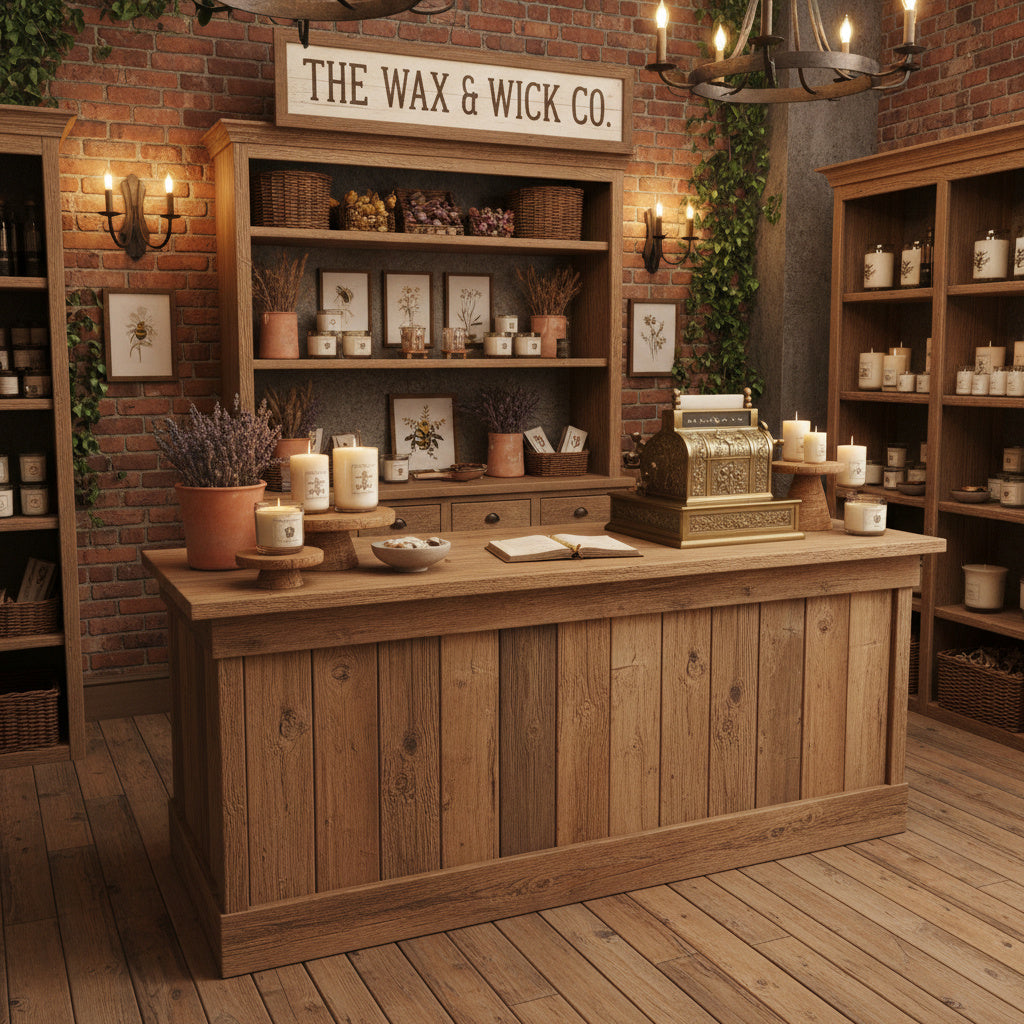 A rustic handmade wooden retail counter in a warmly lit antique-style shop interior with brick walls, shelves of candles and jars, and a sign reading 'THE WAX & WICK CO.'.